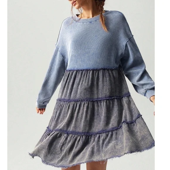 Color Block Mineral Wash Frayed Detail Oversized Long Sleeve Dress - Picture 2 of 8